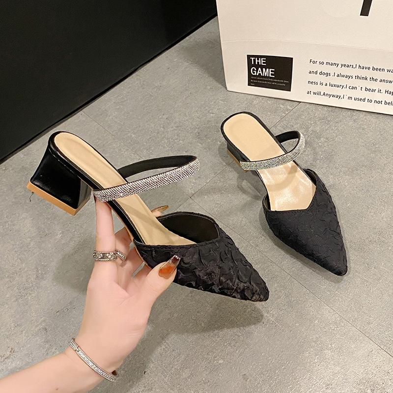 Французские босоножки Baotou со стразами, женственные, с юбкой, толстый каблук, полузатянутый, легкий ветер, одно слово, бриллиантовый пояс, одиночные туфли для женщин