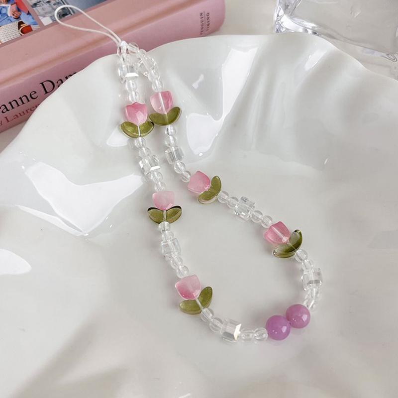 Korean Cute Flower Tulip Pearl Beaded Phone Chain For Mobile Phone Lanyard Pendant Anti-Lost Hanging Jewelry
