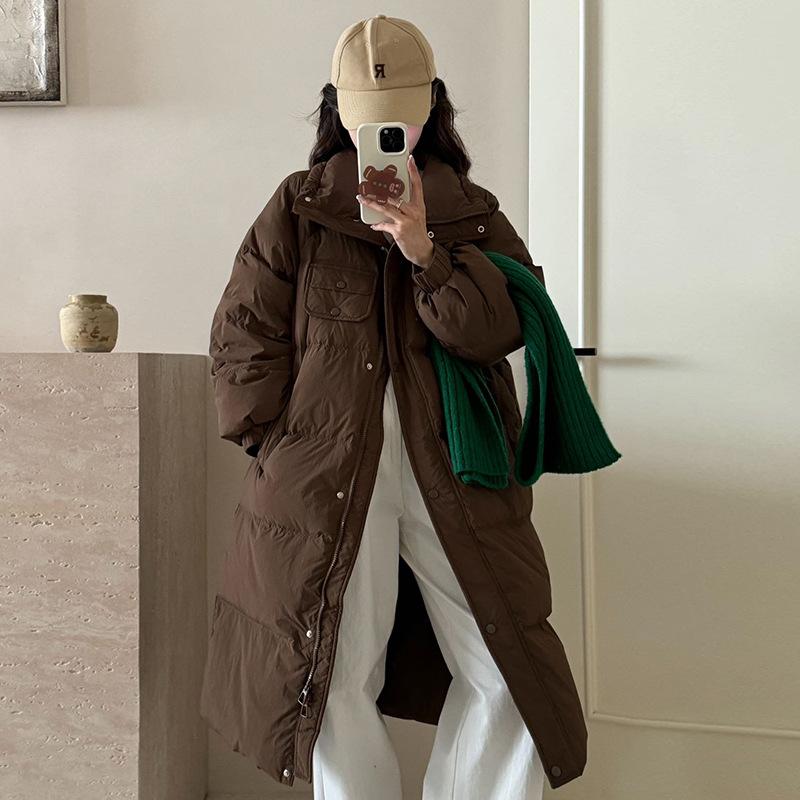 Stand-up collar drawstring long down jacket women's 2024 winter new fashion Korean small sweet knee coat tide