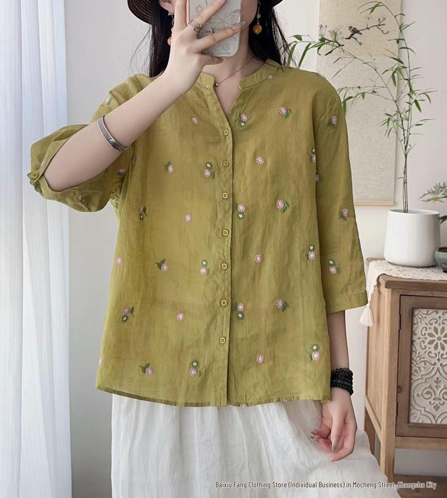 Linen Women's Retro Embroidered Stand Collar Shirt - Summer 2026 Short Sleeve