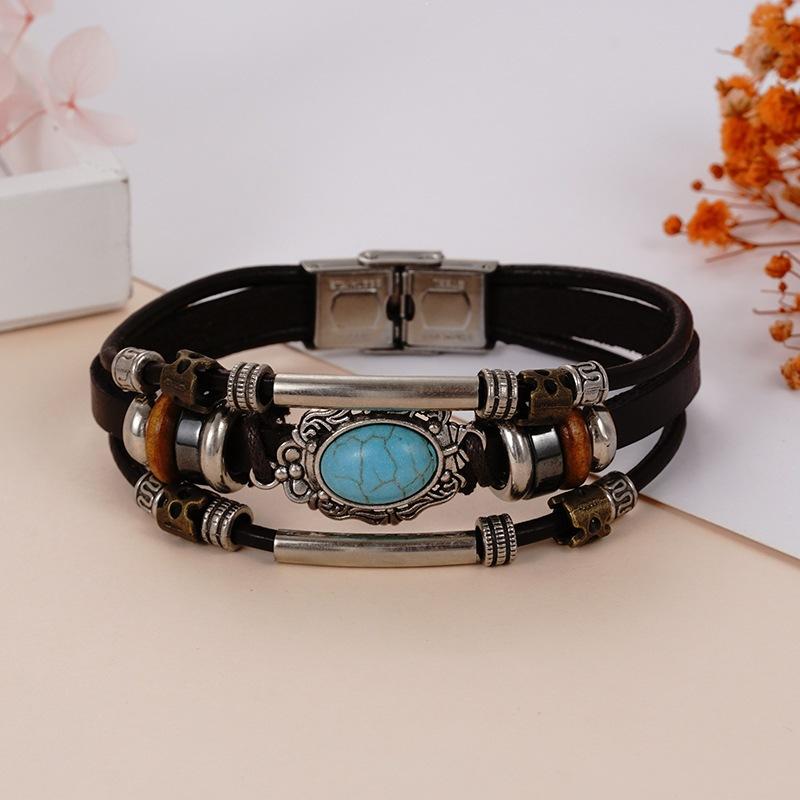 Turquoise Leather Braided Bracelet 18K Gold Plated Stainless Steel Hand Woven European American Men's Cowhide Jewelry