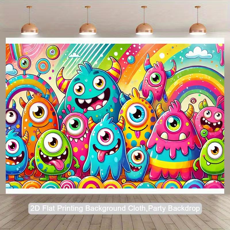 2D Funny Cartoon Monster Backdrop Colorful Kids Birthday Photography Background with Rainbow