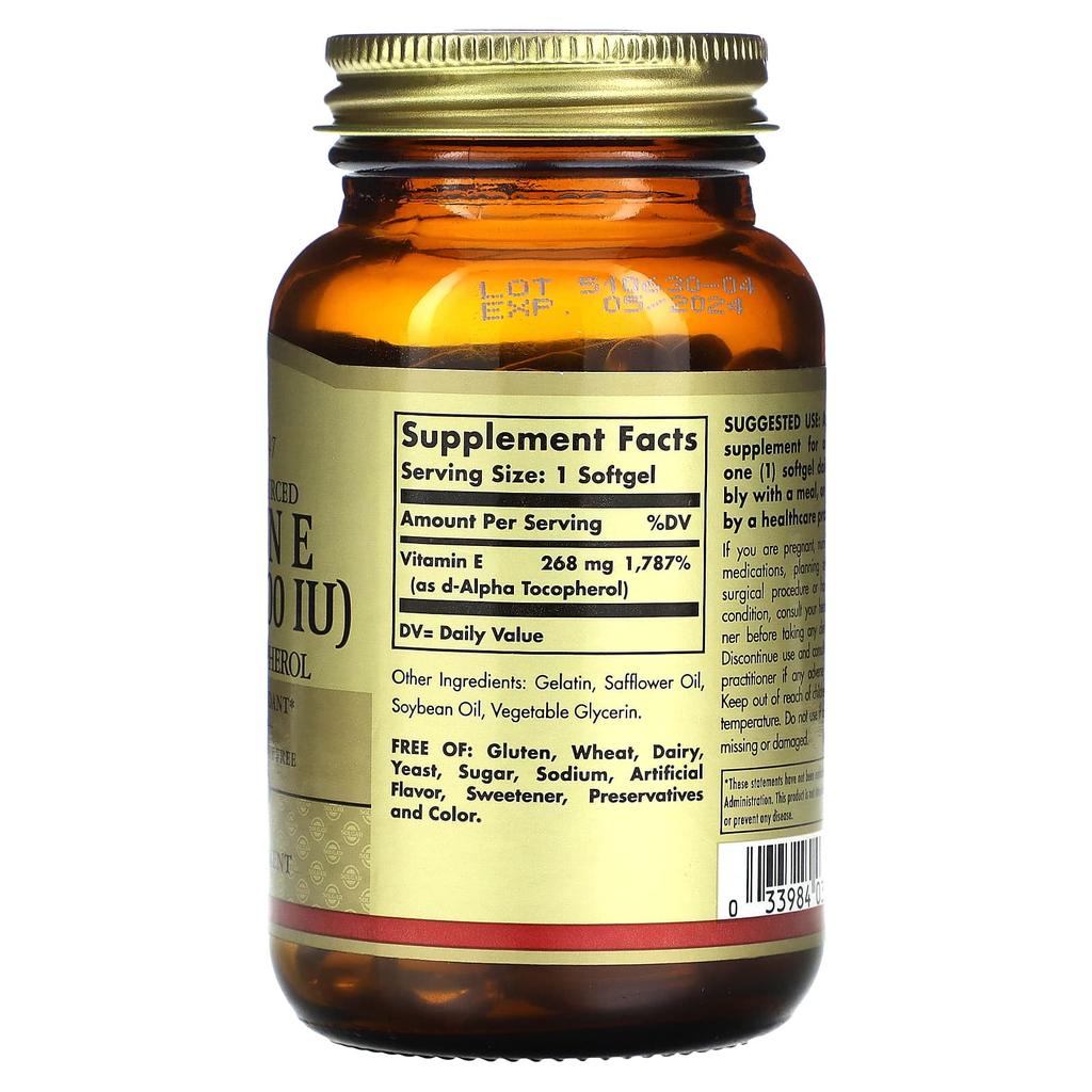 Solgar, vitamin E, natural ingredients, 268mg (400IU), 100 softgels
