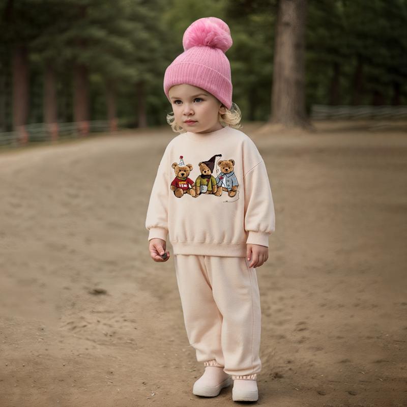 Warm Fleece Lined Baby Clothes Set Cute Round Neck Sweatshirt + Pant Kids Boy Girl Clothing