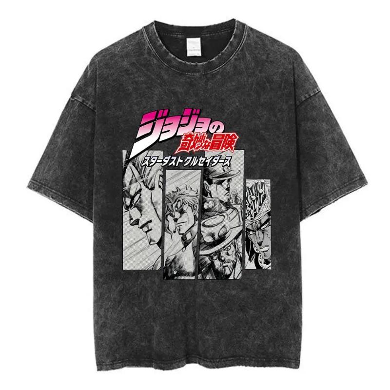 Vintage Washed Anime Jojo Bizarre Adventure T-shirt Giorno Giovanna Manga Graphic T-shirts Men's Clothing Cotton Casual T shirts