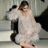 Women Evening Dress Sequin Feather Trim Horn Sleeves See-through Mesh O Neck