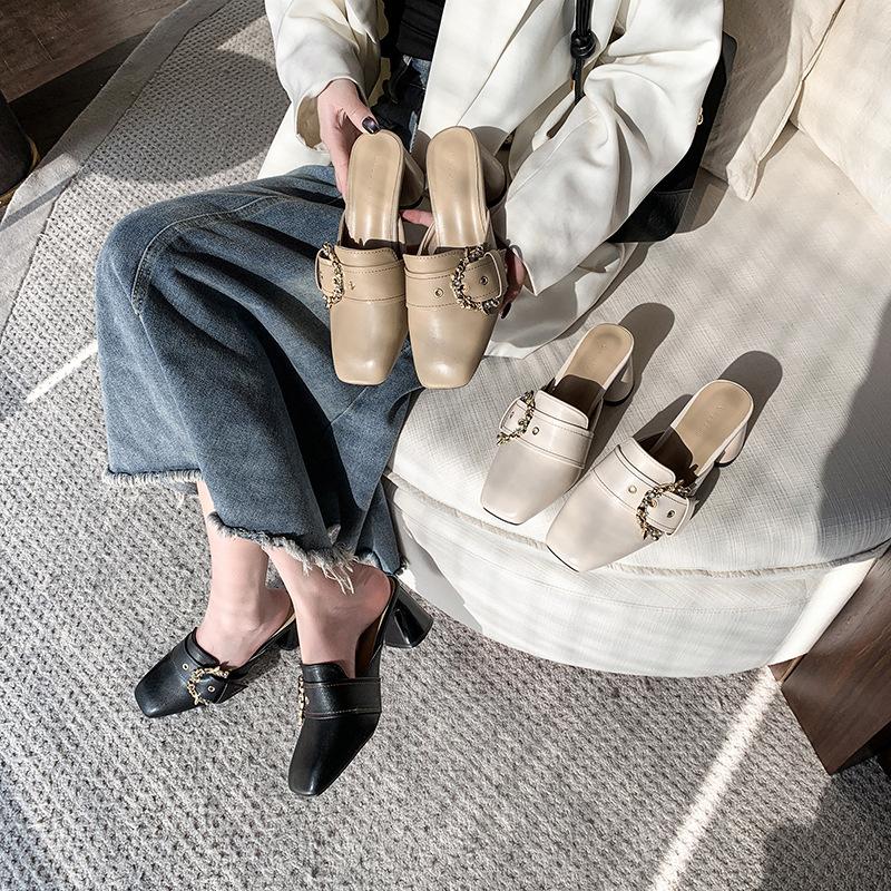 2025 весна и осень новые туфли-мешки на высоком каблуке женские квадратные ленивые полуподносы модные пряжки на ремне верхняя одежда одно слово перетаскивание