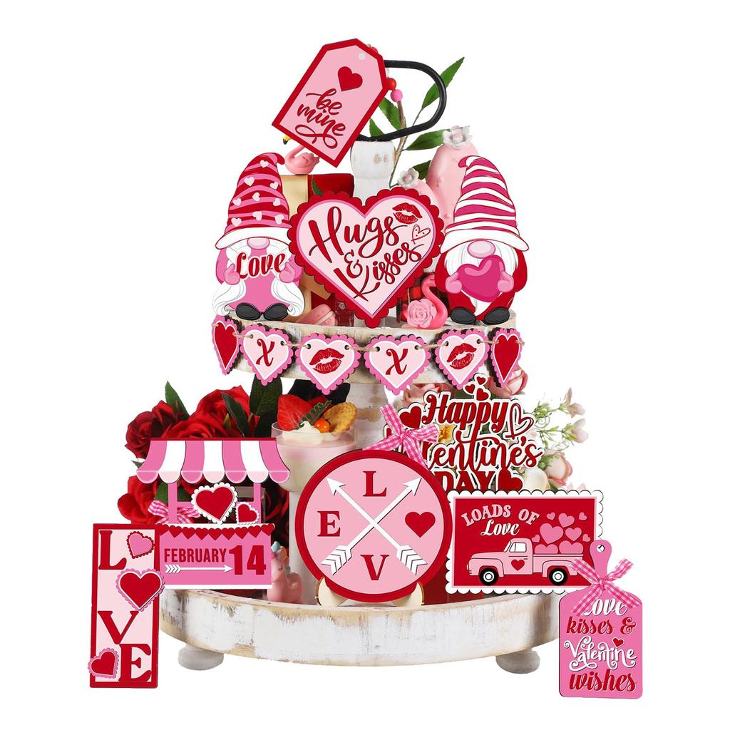 Valentine's Day Tiered Tray Decoration Set Wooden Valentine's Day Table Decoration Wooden Red XXOO Heart Hug Wedding Party Gift (Midget)