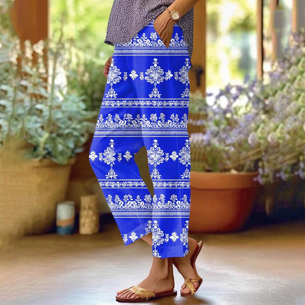 Женские модные повседневные брюки с цветочным принтом, прямые брюки с карманами и эластичной талией