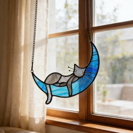 Cat On Moon Hanging Ornament Stained Glass Window Hanging Suncatcher Acrylic Panel Wall Art Memorial Gift for Women Wife Mom Cat Lovers
