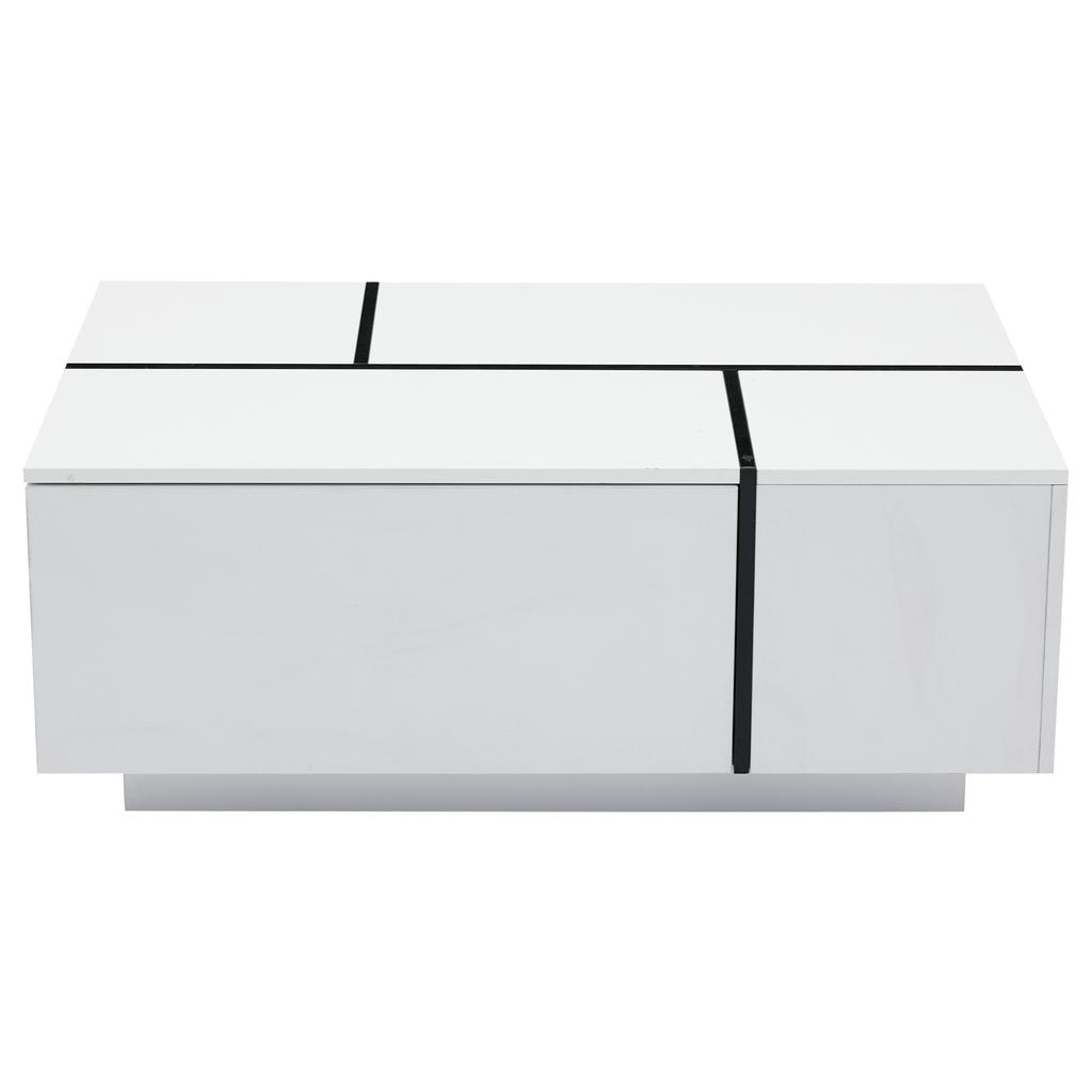 Modern White Square Coffee Table, Patchwork Colors with High-Gloss Look, 100 x 60 x 40 cm – Four Drawers, Sliding Tabletop, Load Capacity up to 30 kg