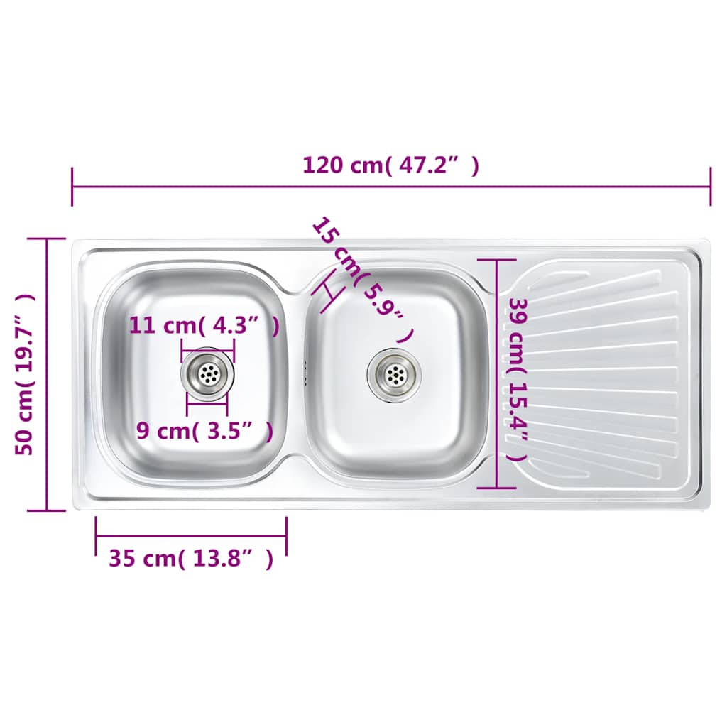 Double Kitchen Sink with Drainboard Strainer & Siphon Stainless Steel