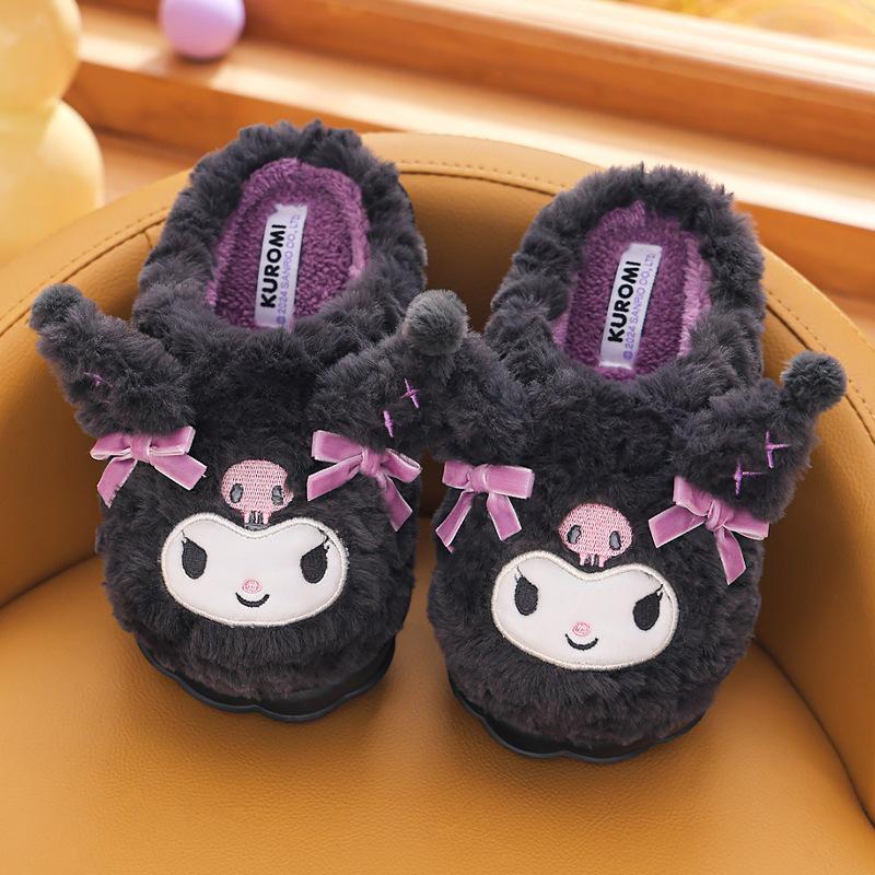 Плюшевые тапочки Sanrio Kuromi для девочек: Милый, Уютный Хлопок для Осени/Зимы, Домашняя Парная Одежда для Родителей и Детей