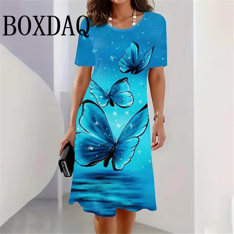Свободные платья с принтом 3D-бабочки, летнее женское вечернее платье с круглым вырезом и коротким рукавом, элегантный женский сарафан