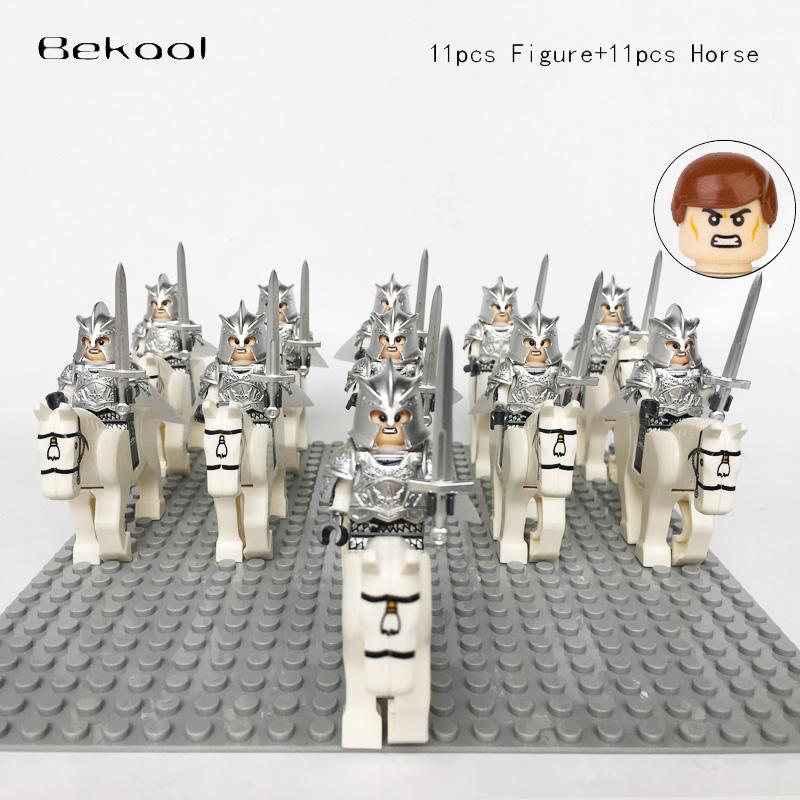 Medieval Knights Castle Cavalry Rohan Soldiers Guard Army Lotr Cavalier With Weapon Armor Helmet Shield and Horse Figure Blocks