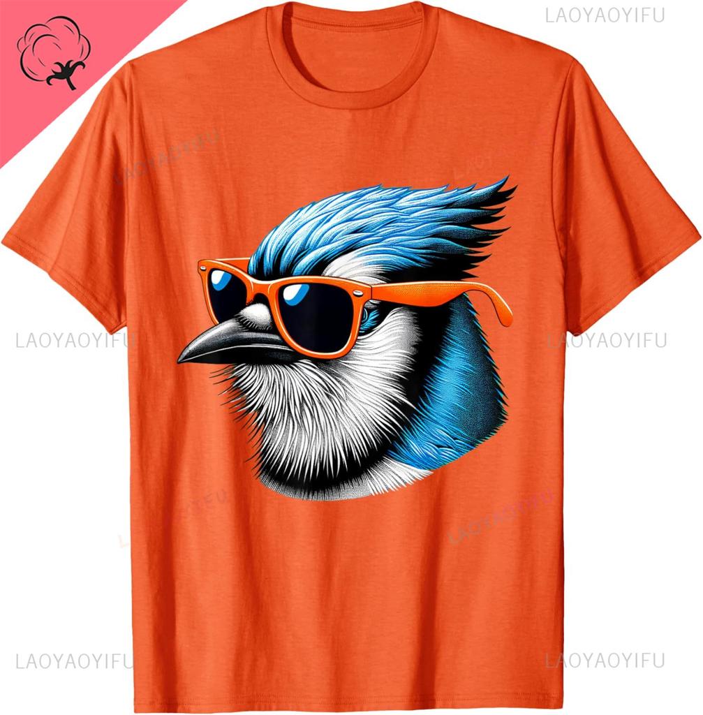 Cool Blue Jay Bird Wearing Sunglasses Graphic Art TShirt Custom Printed Graphic T Shirts Y2k Streetwear Summer Cotton Tops
