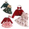 3-Piece Christmas Outfit for Toddler Girls Velvet Cardigan with Sleeveless Bowknot Dress and Headband Holiday Set