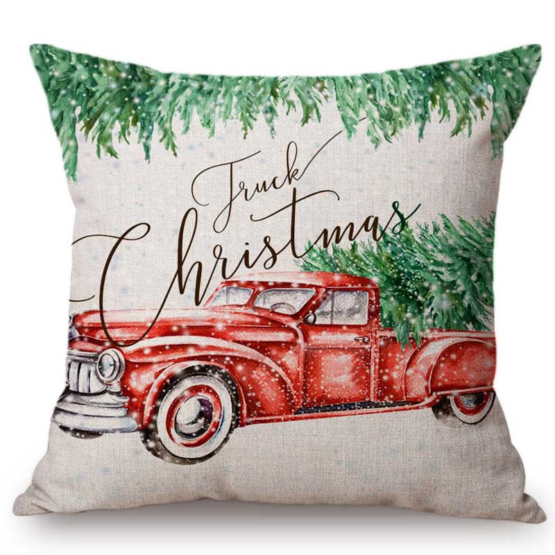 Cute Watercolor Christmas Decoration Sofa Throw Pillow Case Christmas Truck Tree Lovely Puppy Dog Letter Snow Cushion Cover