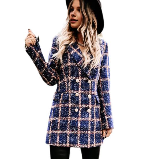 Зимнее осеннее женское пальто с отложным воротником, клетчатый принт, двубортное, с длинными рукавами, плотная куртка средней длины для свиданий, поездок на работу, офиса