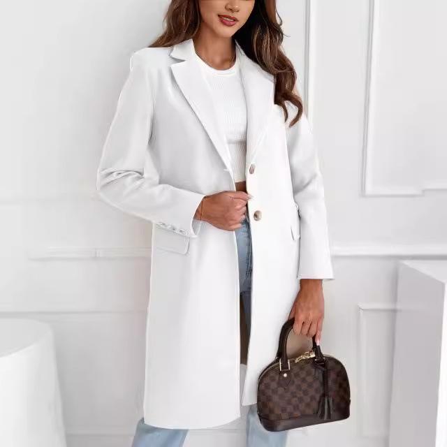 GMXIA Autumn Winter Simple Solid Color Medium Long Button-wool Coat Coat Women