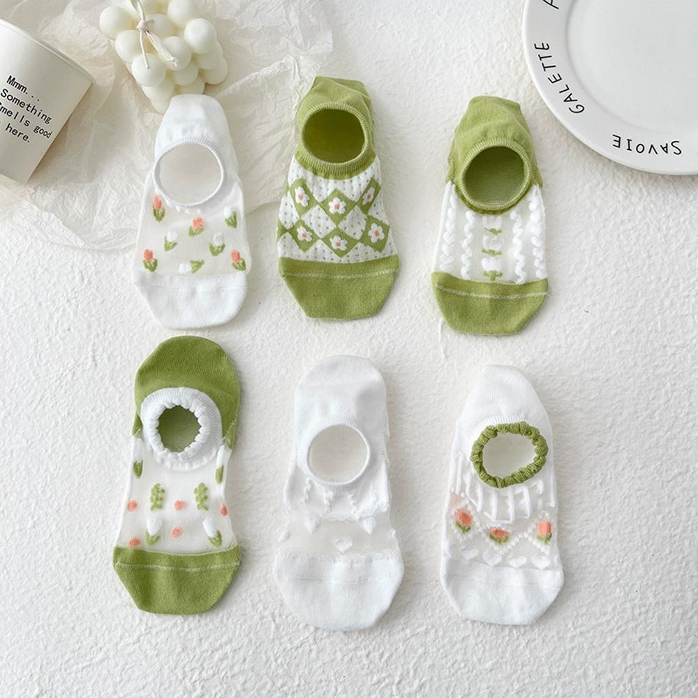 6 Pairs Women's Floral Mesh No-Show Socks Y2K Kawaii Lace Trim Breathable Ankle Socks With Harajuku Style Green Cute Boat Socks