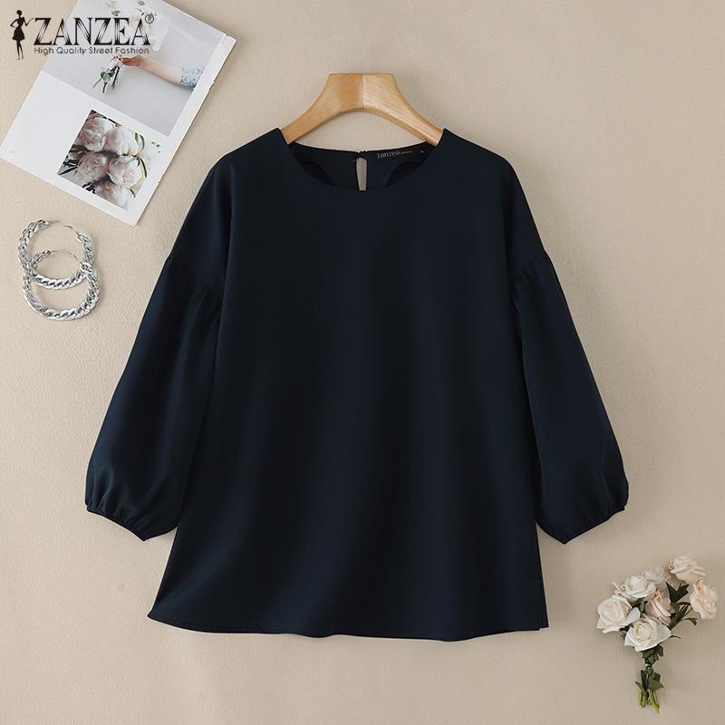 ZANZEA Женская повседневная блузка свободного кроя с рукавом 3/4 и круглым вырезом