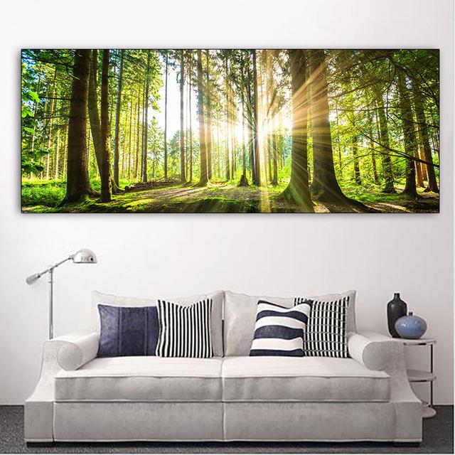 Пейзаж Зеленый Желтый Лес Дерево Холст Картина Солнечный свет Плакаты и принты Настенные Панно Гостиная Домашний Декор Без Рамки