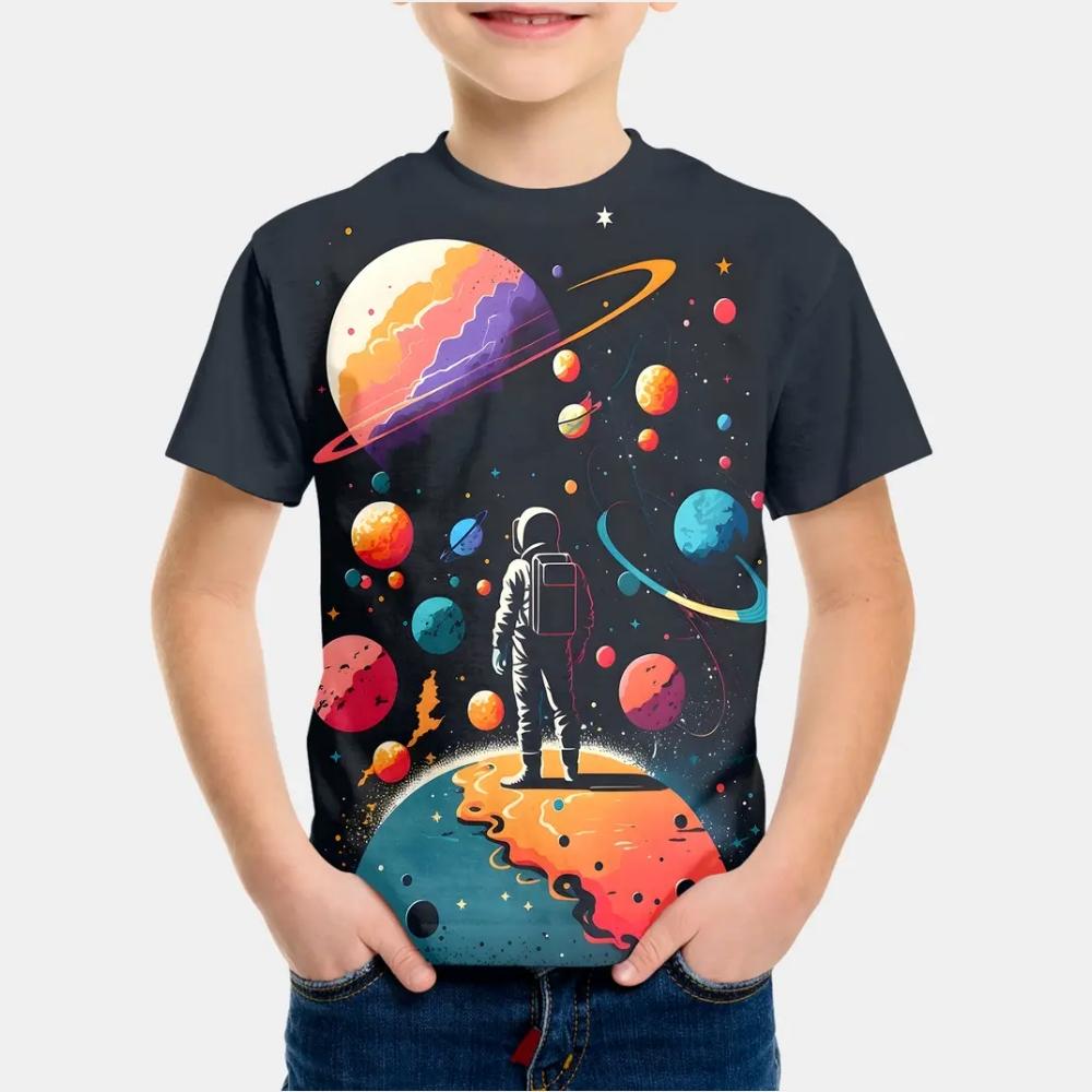 Summer Round Neck 3D Printed Cartoon Astronaut Pattern Top Fashionable Casual Short Sleeved Children's Boy T-shirts