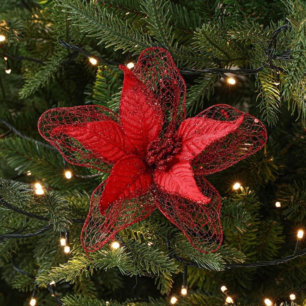 23cm Poinsettia Glitter Flower Xmas Hanging Ornaments Artificial Christmas Flowers DIY Xmas Tree Decorations Party Supplies