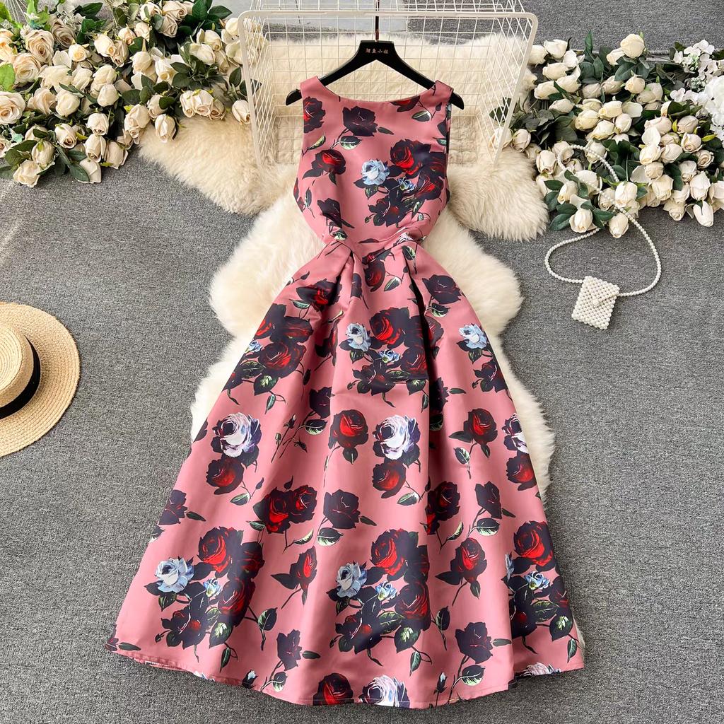 Женское платье-майка с цветочным принтом, элегантное модное летнее платье трапециевидной формы с круглым вырезом без рукавов и высокой талией, вечернее платье-майка для взлетно-посадочной полосы