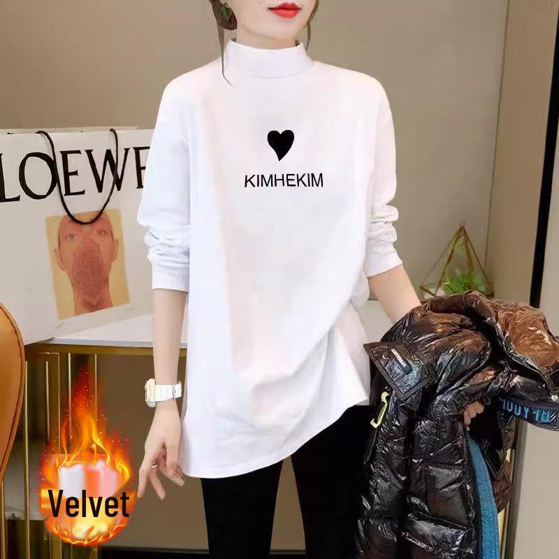 Women's Mid-Length White Cotton Long-Sleeve T-Shirt, Autumn/Winter Style, Semi-High Neck, Loose Fit, Base Layer, Covers Buttocks, Trendy Design.