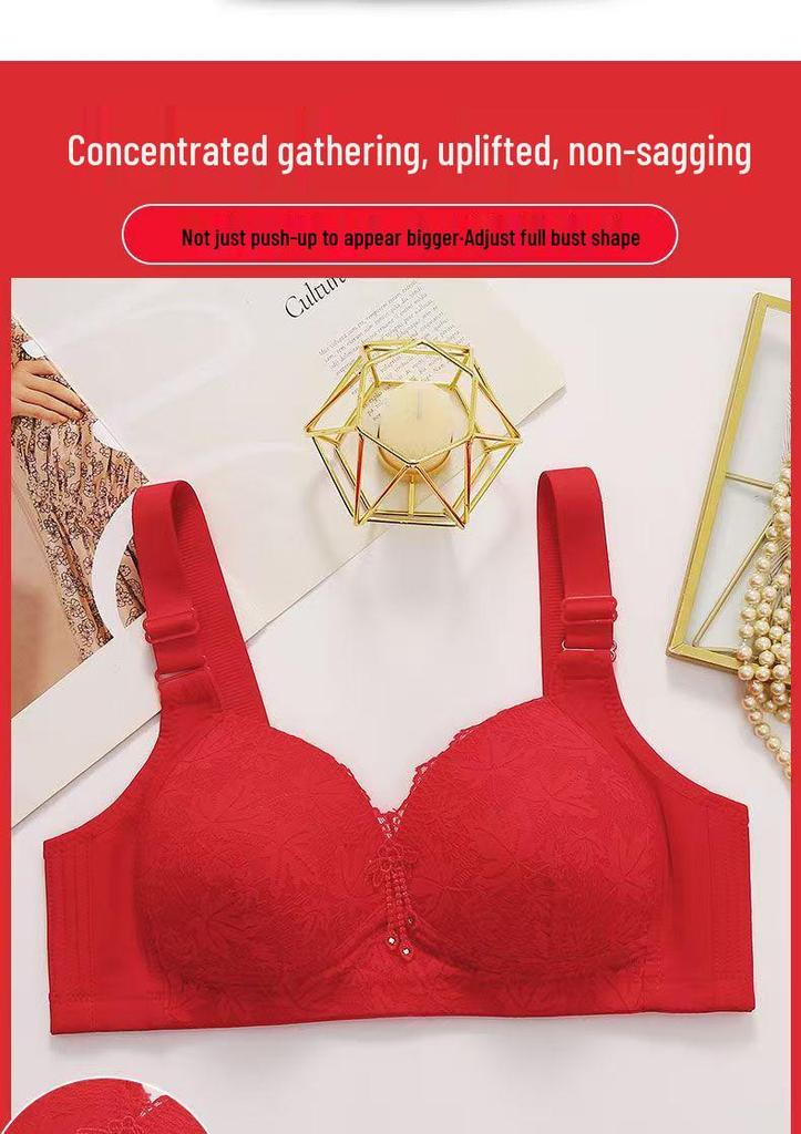 Plus Size Wire-Free Lace Bra: Breathable, Push-Up, Side Support, Anti-Sagging, Slimming Effect for Middle-Aged and Elderly Women