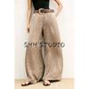 Summer Women's Pleated Decoration High Waist Vertical Matching Belt Silk Satin Texture Wide-Leg Casual Pants 3533556