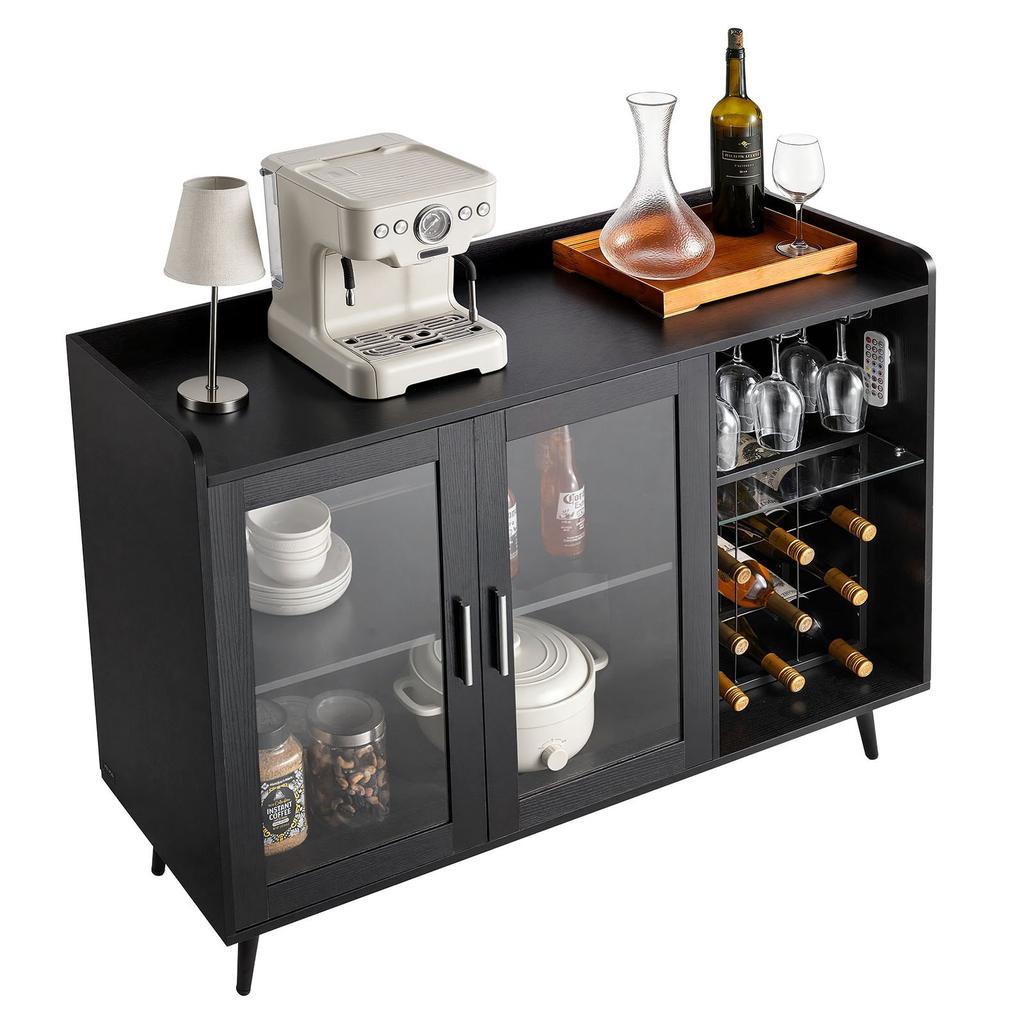 VEVOR Wine Cabinet, Coffee Bar Cabinet with 9 Wine Bottle Racks, Modern Buffet Sideboard with Glass Holder, Adjustable LED Brightness