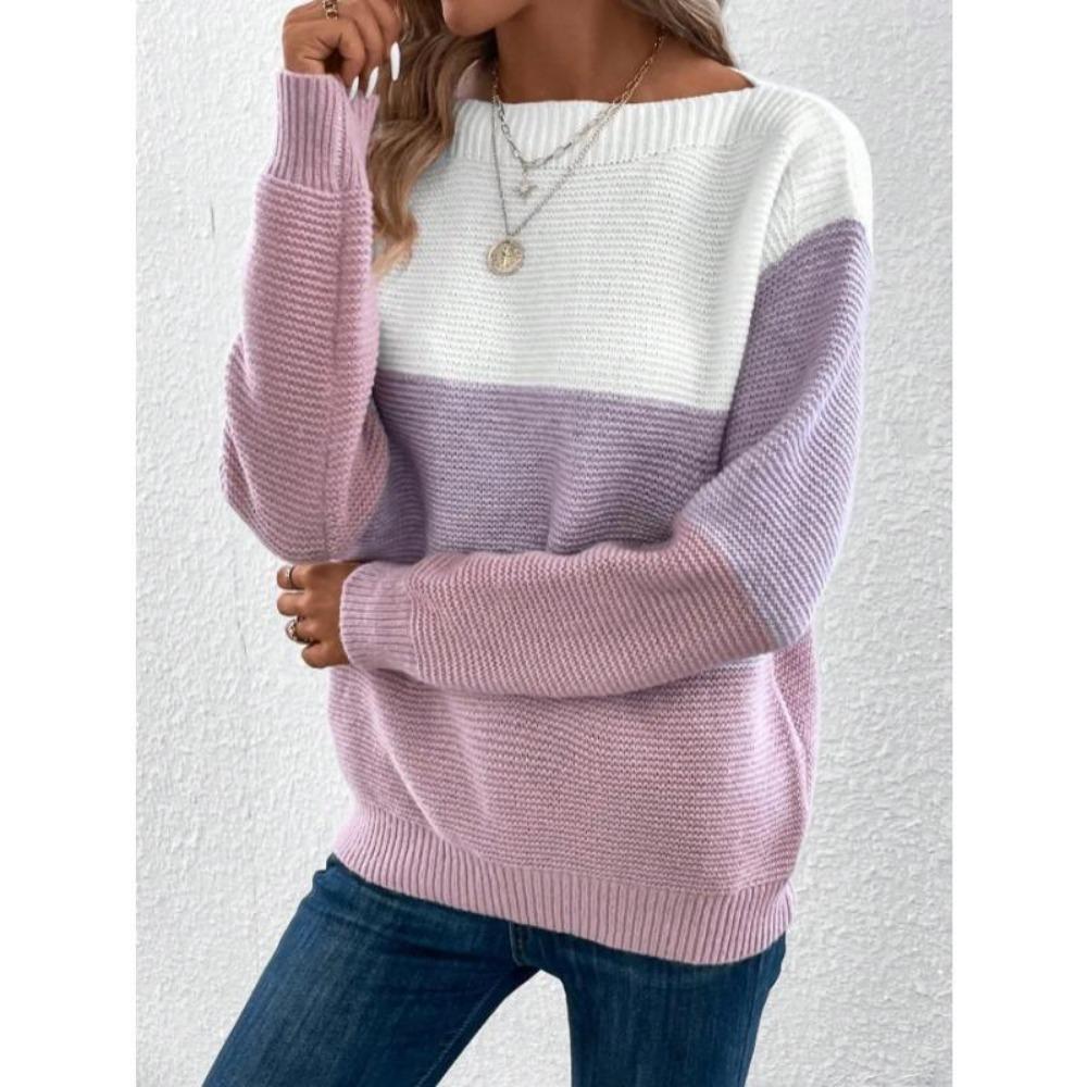 Elegant Three-color Patchwork Sweater Women Daily Commuter Casual Loose Jumpers Female Autumn Winter Knitted Thickened Warm Tops