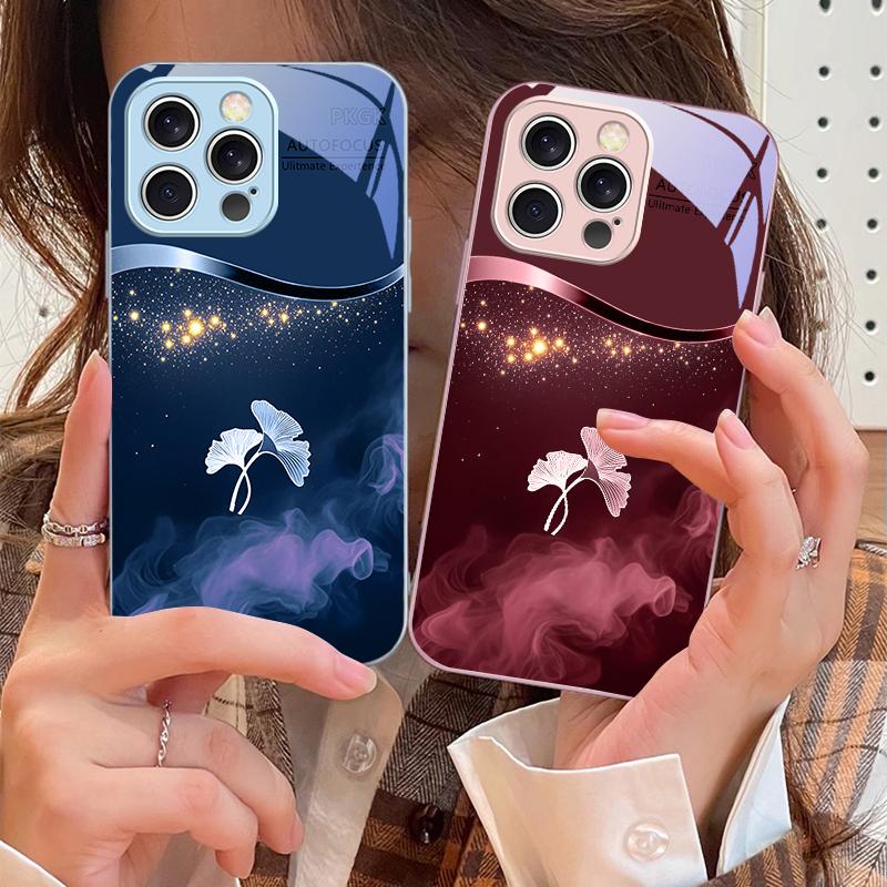 Чехол для телефона из закаленного стекла с листьями гинкго в фиолетовом дыму для iPhone 16 Pro Max 15 Pro 14 13 12 Mini 11 XS M ax XR 7 8 Plu SE 2022