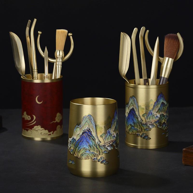 Hand-Painted Brass Tea Ceremony Six Tools Set Japanese Style Gongfu Accessories Teaspoon Tongs Pick