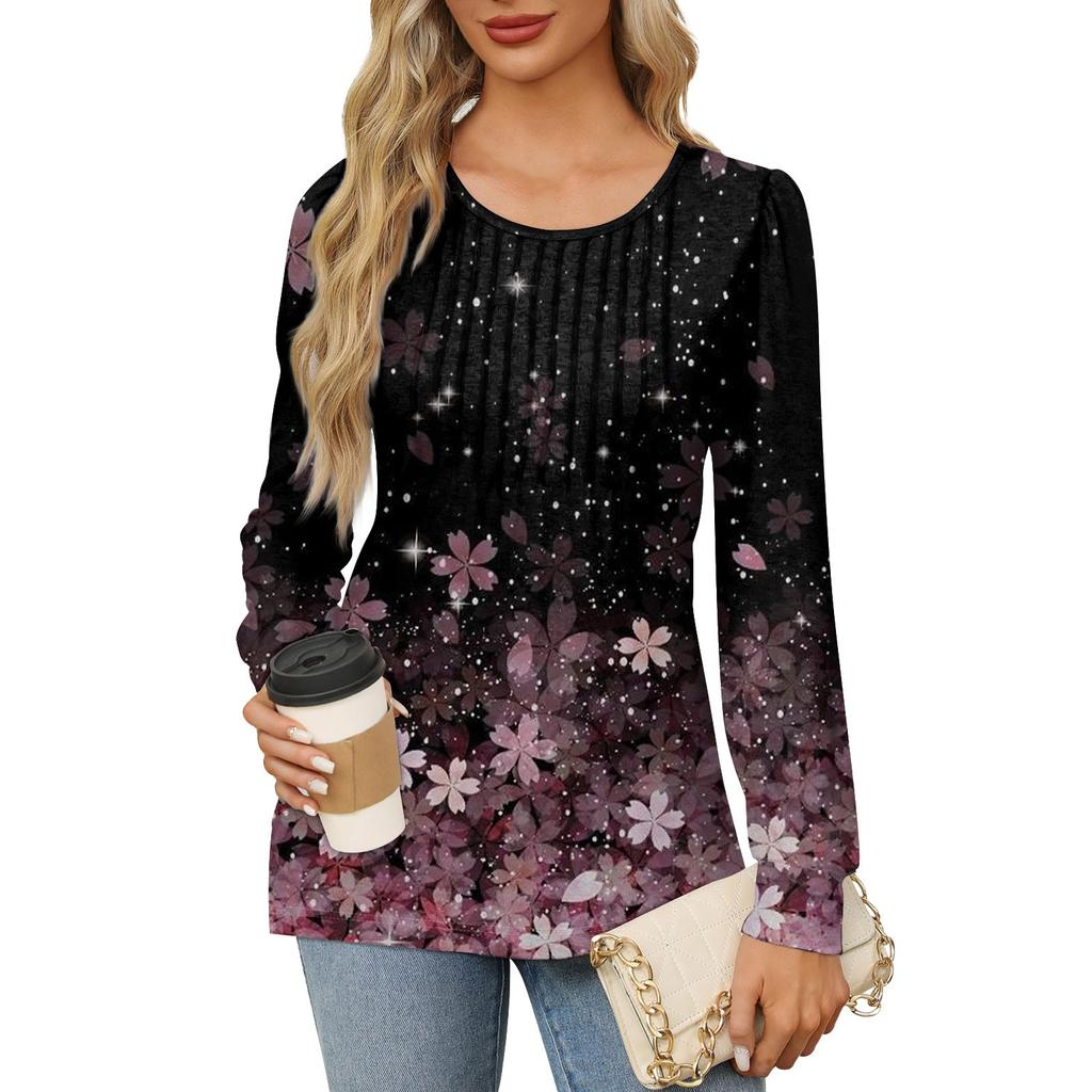 Женская повседневная плиссированная футболка с круглым вырезом и длинными рукавами с принтом