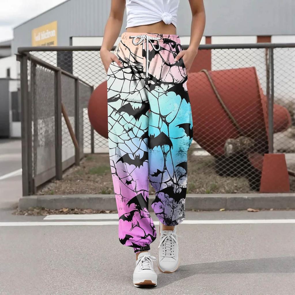 Женские повседневные модные брюки для отдыха с принтом на Хэллоуин, спортивные штаны, брюки с эластичной резинкой на талии, брюки со шнурком