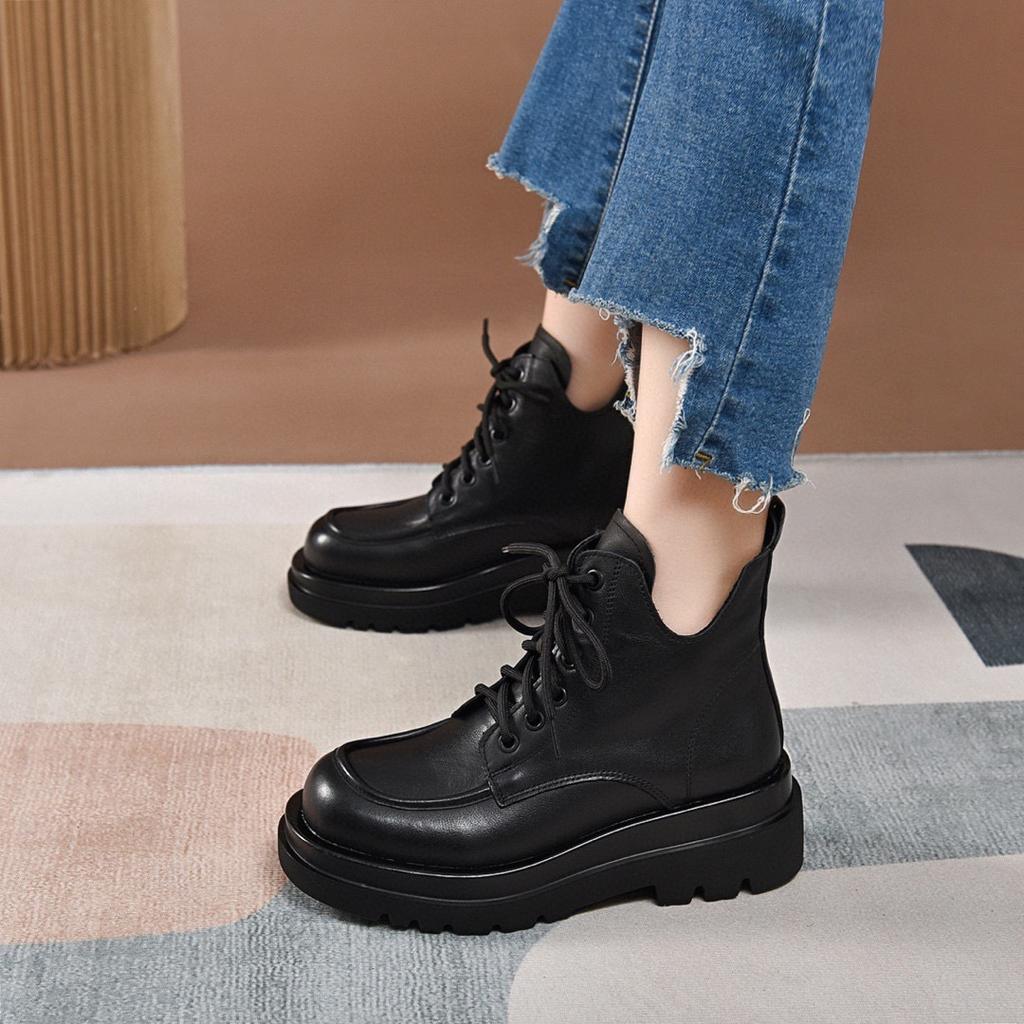 Casual Platform Martin Boots Autumn and Winter New Round Head Lace-up Short Boots First Layer Cowhide Retro Women's Boots Leather Boots