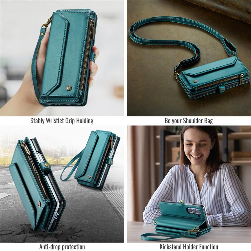 CaseMe Кожаный чехол-книжка для Samsung Galaxy Z Fold 7 5G 6 5 4 3 S26 Ultra S25 Edge S24 FE S23 S22 S21 S20 Plus Note 20 Кошелек на молнии Чехол-кардхолдер