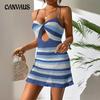Сексуальное летнее женское модное полосатое платье с открытой спиной в праздничном стиле с бретельками через шею, купальник, платья-накидки