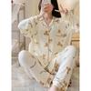 Cartoon Bear Print Pajama Set, Cute Lapel Long Sleeve Blouse Top & Elastic Waistband Pants, Women's Loungewear & Sleepwear