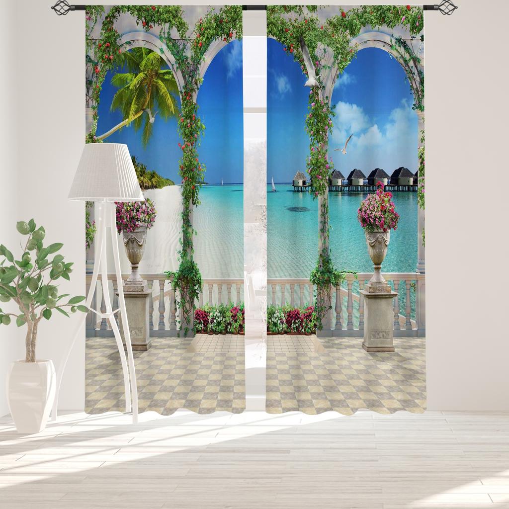 2pcs Landscape Seaside Coconut Tree Blue Sky White Cloud Printed Translucent Curtain Multi-scene Polyester Rod Pocket Decorative