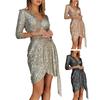 Women Evening Neck Long Sleeve Tight Waist Shiny Sequin Belted Dress V Irregular Hem Solid Color Soft Breathable Pullover Elastic Above Knee