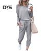 2 Pcs/Set Women Top Pants Suit Crew Neck Long Sleeves Solid Color Sleepwear Sport Sweatshirt Drawstring Elastic Waist Trousers Fitness Outfit Fall