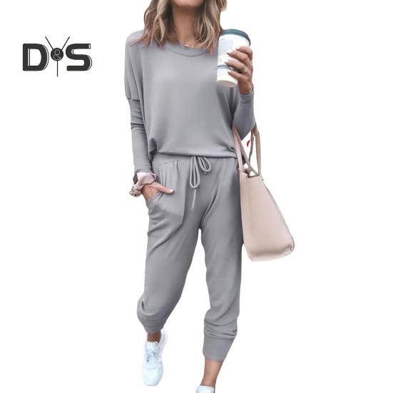 2 Pcs/Set Women Top Pants Suit Crew Neck Long Sleeves Solid Color Sleepwear Sport Sweatshirt Drawstring Elastic Waist Trousers Fitness Outfit Fall