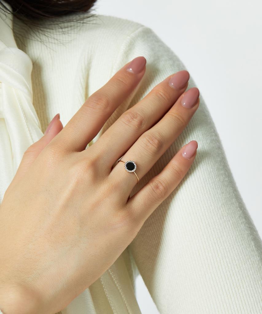 Helene Jewelry 14K Black Onyx Circle Miss Ring Gold Thread Ring (Type A)