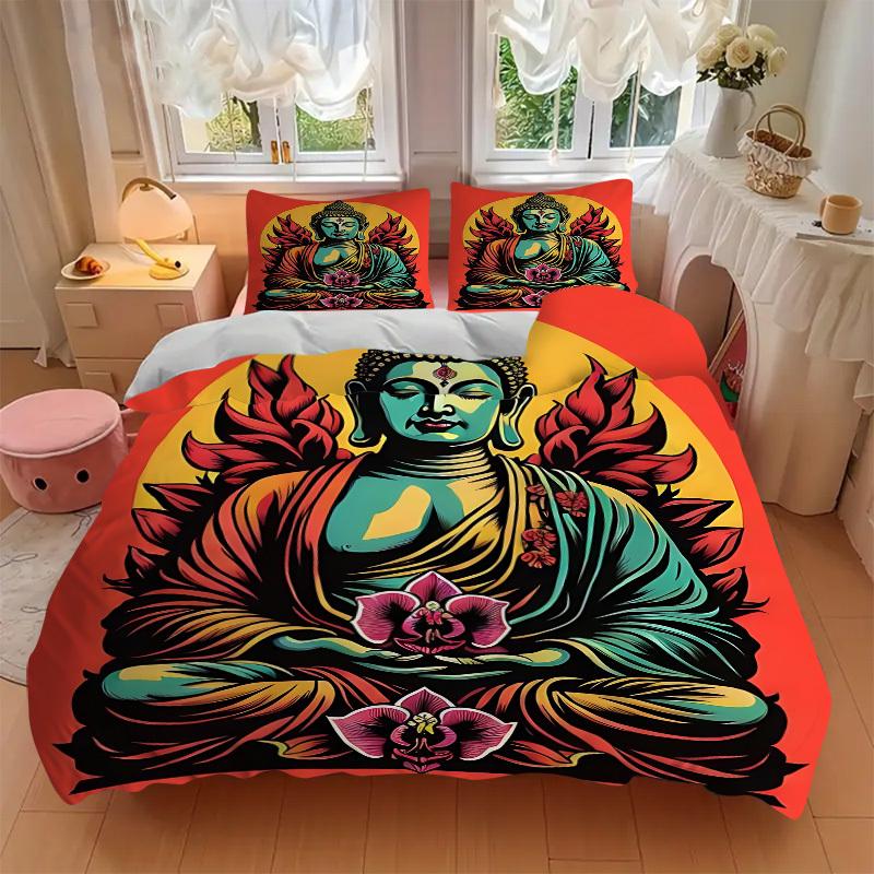 3pcs Buddha Lotus Bedding Set, Includes 1 Comforter + 2 Pillowcases, Without Pillow Inserts, Soft Comfortable, Lightweight Breathable, Print