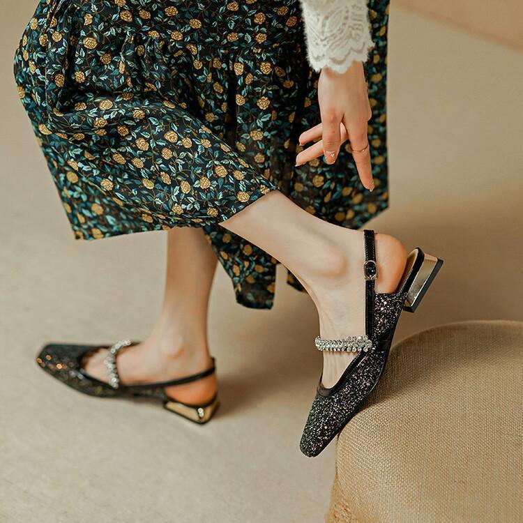 French Sequined Sandals Rhinestone Square Head Mary Jane Bag Head Sandals Women's Versatile Thick Heel Empty Single Shoes Summer Sandals